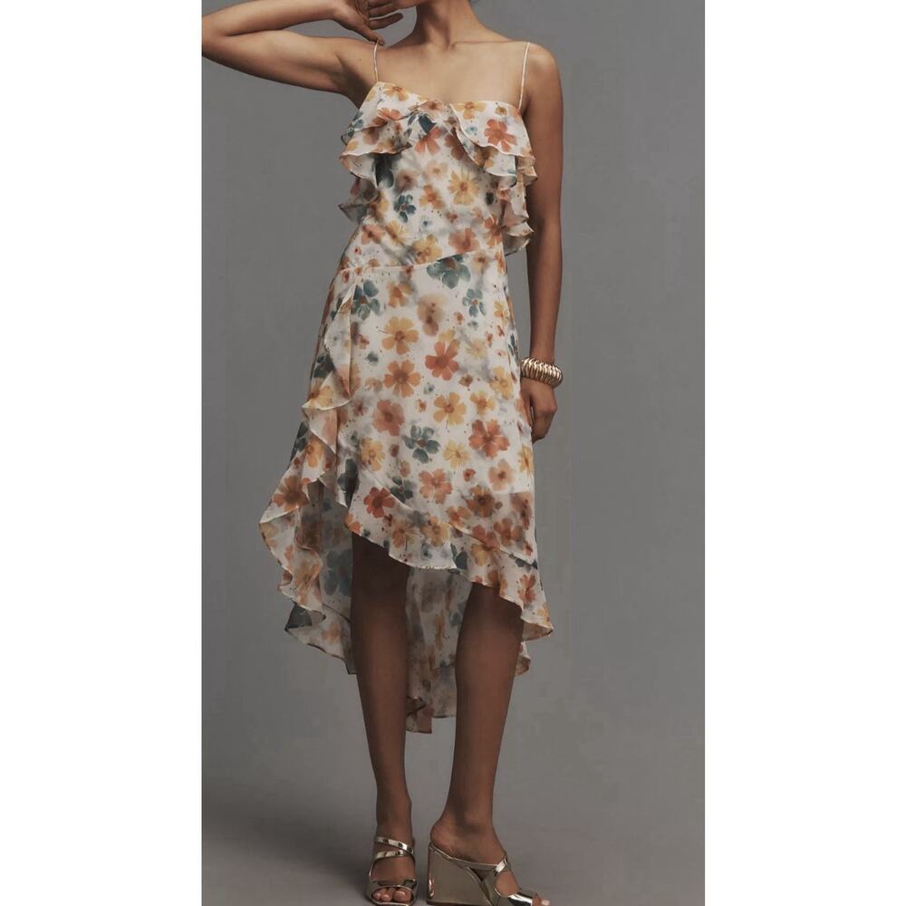 By Anthropologie Floral Sleeveless Asymmetric Ruffled Floral MIDI Dress L
